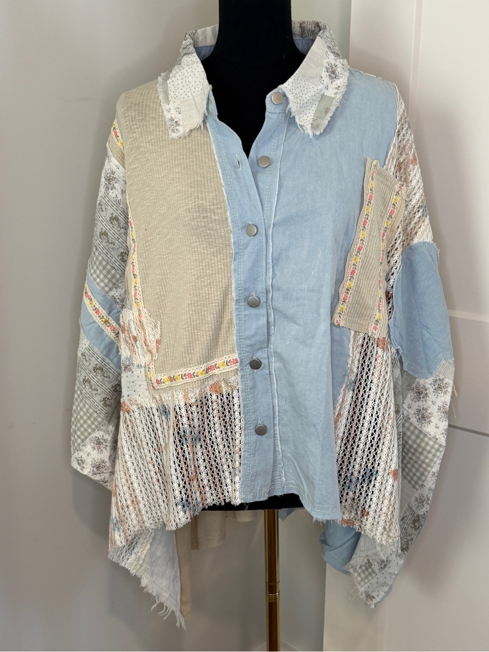 POL Boho Patchwork Button-Front Shirt Jacket - Light Blue & Cream